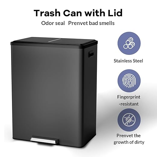 Large Stainless Steel Dual Compartment Recycling Trash Can 60 l/16 Gal Recycle Bins with Lid Waste Bin with Removable Buckets, Bathroom,Kitchen Garbage Can,Black