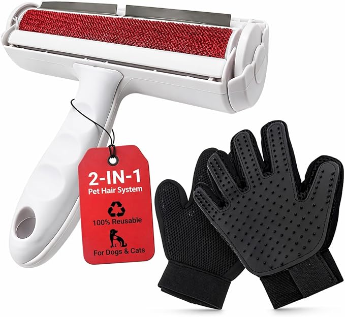 Pet Hair Remover Roller with 2 Grooming Gloves – Reusable Lint Remover for Dogs and Cats (Red)