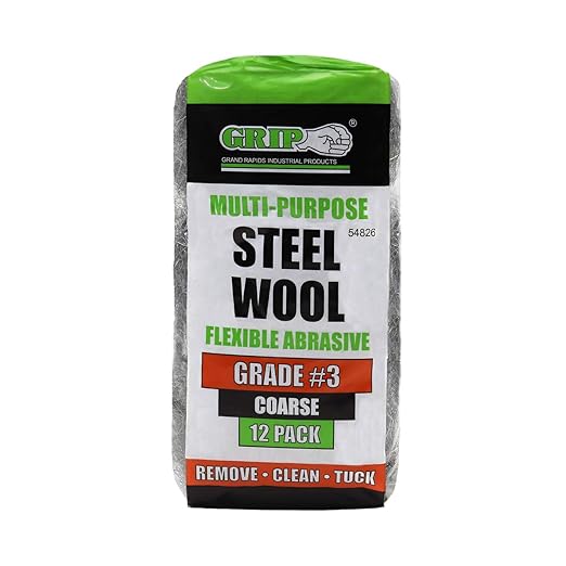 Grip Multi-Purpose Steel Wool Flexible Abrasive 12 Pack (Coarse #3) - Remove Paint, Varnish, Lacquer, Shellac, Rust - Clean Rough Metal, Stoves, Engines, Heavy Machinery - Home, Garage, Workshop