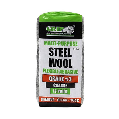 Grip Multi-Purpose Steel Wool Flexible Abrasive 12 Pack (Coarse #3) - Remove Paint, Varnish, Lacquer, Shellac, Rust - Clean Rough Metal, Stoves, Engines, Heavy Machinery - Home, Garage, Workshop
