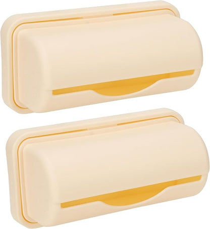 2 Pack Wall Mounted Trash Bag Dispenser, Small Plastic Garbage Bag Holder Organizer, Adhesive No Drill Storage Box for Kitchen Cabinet, Under Sink, Bathroom (Beige)