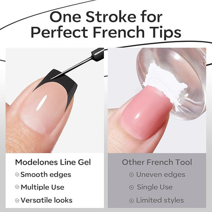 modelones Black French Tip Liner Gel Polish, 15 ML All Black Classic Color Nail Art Paint Swirl with Upgraded Fine Line Brush Soak Off U V DIY Home Salon Professional Manicure Design Gift for Women