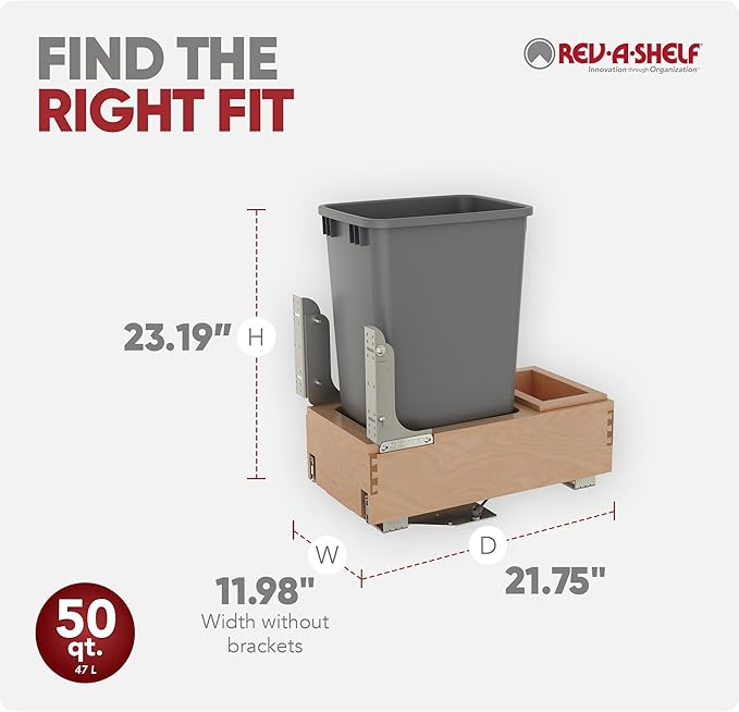 Rev-A-Shelf Pullout Under Counter Trash Can, 50 Qt 12.5 Gal Garbage Container with Soft-Close and Soft-Open Slides, Silver, 4WCBM-1550DM-1