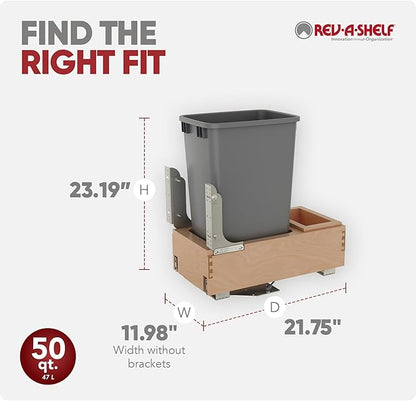 Rev-A-Shelf Pullout Under Counter Trash Can, 50 Qt 12.5 Gal Garbage Container with Soft-Close and Soft-Open Slides, Silver, 4WCBM-1550DM-1