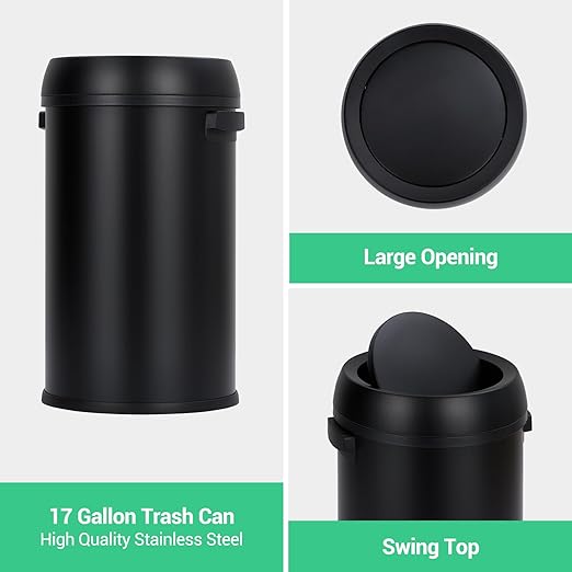 Garvee 65 L/17 gal Swing Top Trash Can, Fingerprint-Proof Stainless Steel Garbage Can, Heavy Duty Commercial Round Trash Bin with Swing Lid for Kitchen, Outdoor, Home, Office, Black