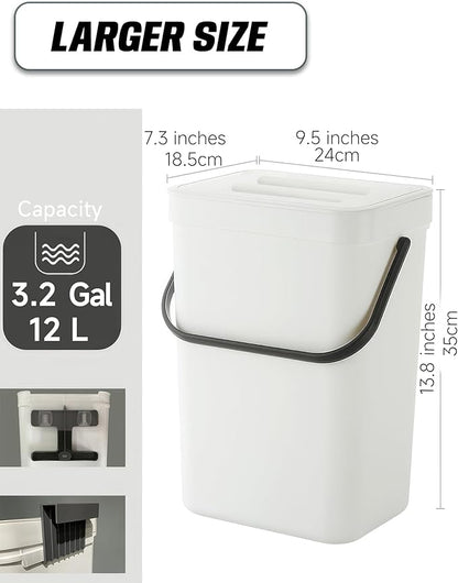 Kitchen Compost Bin - 3.2 Gallons Hanging Trash Can with Lid for Kitchen Bathroom, Under Sink Trash Can, Outdoor Compost Bucket with Lid, 12L(White)