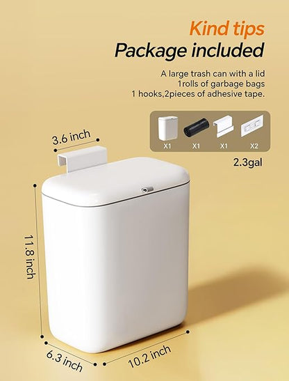 Wall Mounted Kitchen Compost Bin with Lid, Hanging Trash Can for Cabinet Door, White Plastic Food Scrap Bin for Kitchen Counter and Under Sink, 2.3 Gal