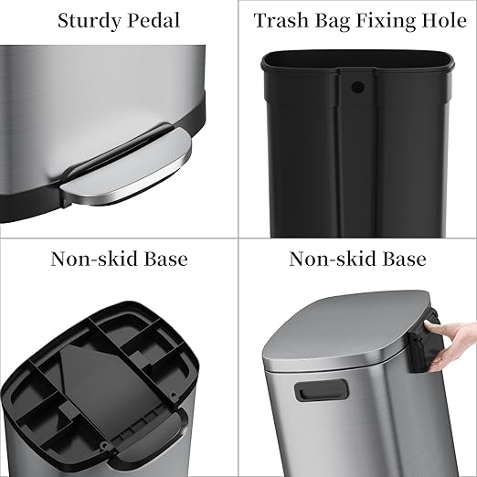 KdbK 13 Gallon Trash Can with Lid, 50L Fingerprint Proof Stainless Steel Kitchen Trash Can with Removable Inner Bucket and Lid Soft Close, Pedal Rubbish Bin for Home Office（Silver）