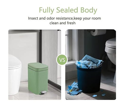 Feisco Small Trash Can with Lid,Small Bathroom Trash Can with Foot Pedal and Press Type Lid,Slim Step-On Trash Bin Wastebasket Garbage Can for Kitchen,Bathroom Office, Bedroom (Green, 2.6 Gallon)