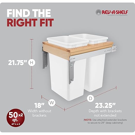 Rev-A-Shelf Top Mount Double Pullout Under Cabinet 50 Quart Kitchen Trash Cans for Full Height Cabinet, 150 Pound Rated Full-Extension Slides, 4WCTM-2150DM-2