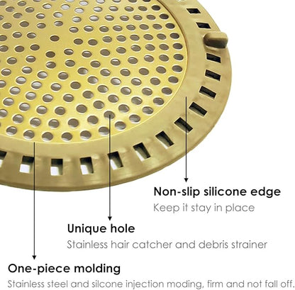 Huntonry Hair Drain Catcher, Shower Drain Hair Catcher, Shower Drain Strainer, Bathtub Drain Cover, Tub Drain Hair Catcher, Bathroom Sink Strainer, Bathroom Drain Protector, Flat, Round, Gold