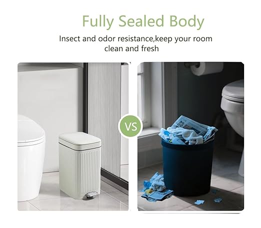 Feisco Small Trash Can with Lid,Small Bathroom Trash Can with Foot Pedal and Press Type Lid,Slim Step-On Trash Bin Wastebasket Garbage Can for Kitchen,Bathroom Office, Bedroom (White, 2.6 Gallon)