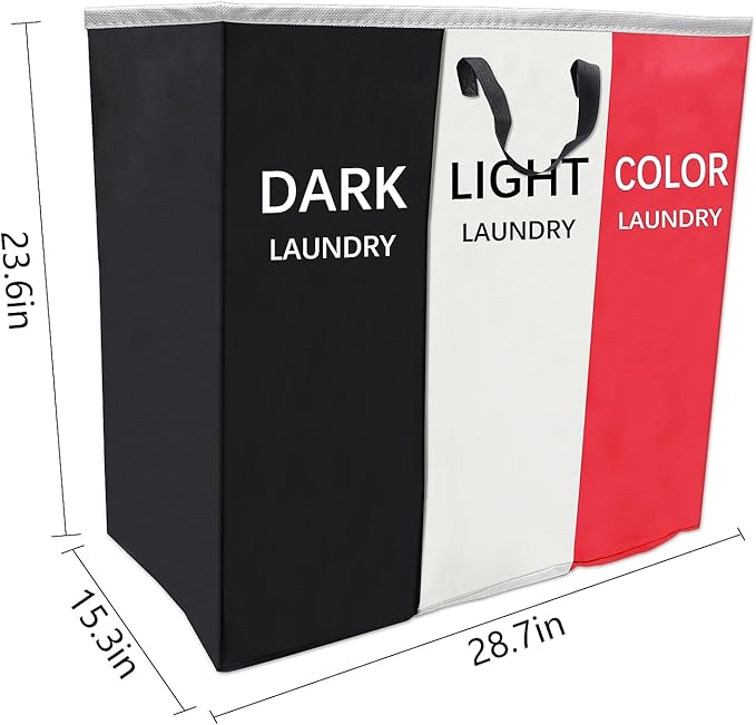 168L Laundry Hamper, Large Blanket Storage Basket Sorter 3 Section Bag Organizer for Dirty Clothes - Toys - Towel,15 X 23 X 28 inch Heavy Duty Laundry Cart Baskets (Black and white red bag)