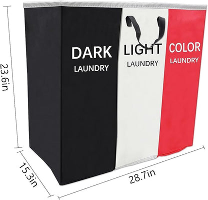 168L Laundry Hamper, Large Blanket Storage Basket Sorter 3 Section Bag Organizer for Dirty Clothes - Toys - Towel,15 X 23 X 28 inch Heavy Duty Laundry Cart Baskets (Black and white red bag)