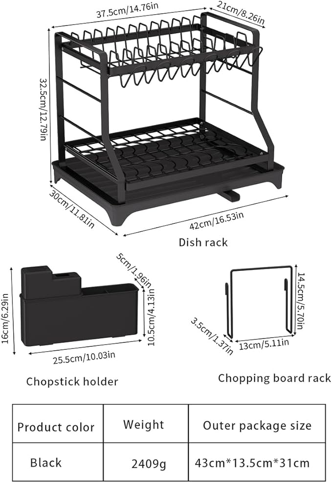 2-Tier Kitchen Dish Drying Rack with Drainboard, Black, Large Capacity Dish Rack with Cup Holder, Knife Block, Cutting Board Rack, 42x32.5x34cm