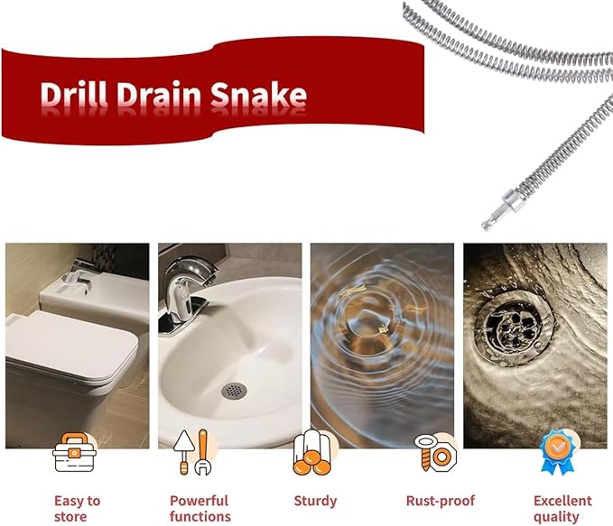 6.5 FT Drill Drain Snake,Sink Unclogging Tool That Can Be Connected To An Electric Drill,Hair Catcher Drain Snake,Drain Auger Drill Attachment,Drill Snake For Plumbing