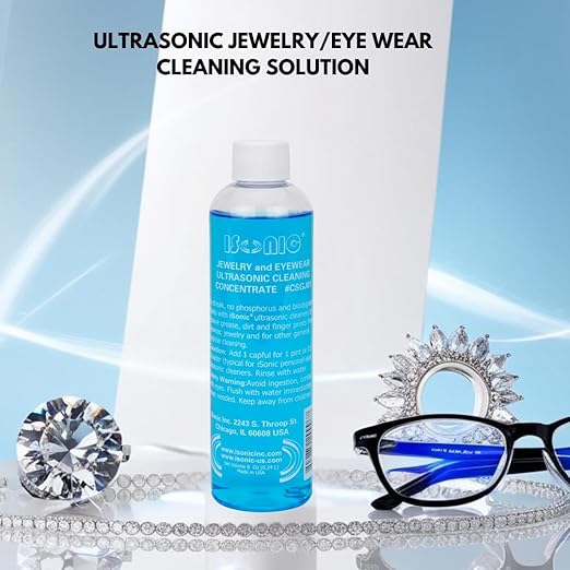 iSonic Ultrasonic Jewelry & Eyeglass Cleaner Solution Concentrate - Professional Cleaning Liquid for Ultrasonic Machine - Clean Gold, Silver, Diamond, Watch, Glasses, Eye Wear, 8-oz