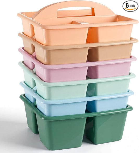 Kathfly 6 Pack Multipurpose Compartment Caddy, Plastic Storage Boxes with Handle, Assorted Colors Table Caddies Organizer for Classroom Office School Home Shower Supplies (Morandi Color)