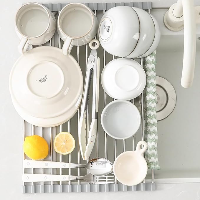 Over Sink Dish Drying Rack, Roll up Dish Drying Rack, 304 Stainless Steel Over The Sink Dish Drainer Rack,Foldable Dish Rack