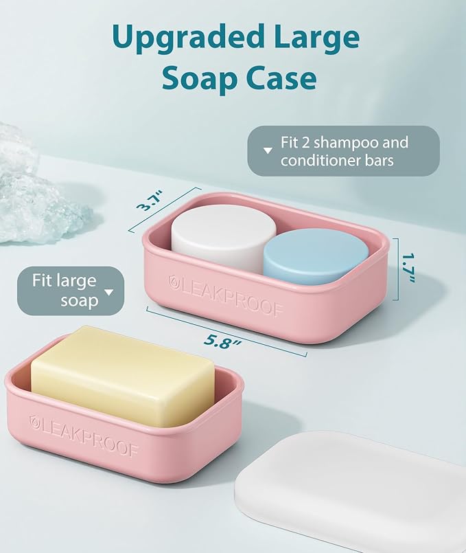 Quatish Large Leakproof Travel Soap Case, Solid Shampoo Bar Holder, Silicone Soap Box with Draining Layer, Enhanced Soap Container, Suitable for Camping, Gym, Bathroom, Outdoor Essentials, Pink