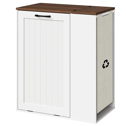 YATINEY Tilt Out Trash Can Cabinet, 10 Gallon Hidden Garbage Can Cabinet with Bottle Recycling Compartment, Wooden Recycling Cabinet Trash Can, for Kitchen, Living Room, White and Walnut WB06WH