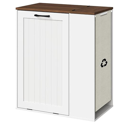 YATINEY Tilt Out Trash Can Cabinet, 10 Gallon Hidden Garbage Can Cabinet with Bottle Recycling Compartment, Wooden Recycling Cabinet Trash Can, for Kitchen, Living Room, White and Walnut WB06WH