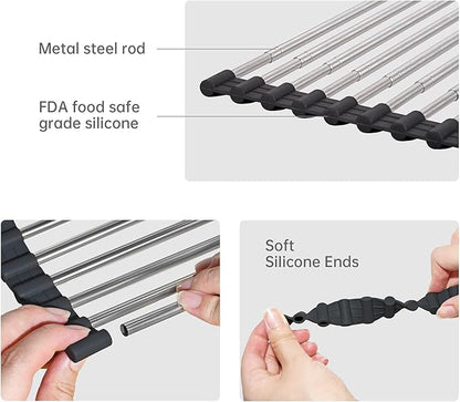 Large Telescopic Drain Rack Roll Up Rack Heat-Resistant Dish Drainer Kitchen Sink Rack Over the Sink Dish Drying Rack Stainless Steel Dish Rack (18 Tube 21.25''x12.79'')