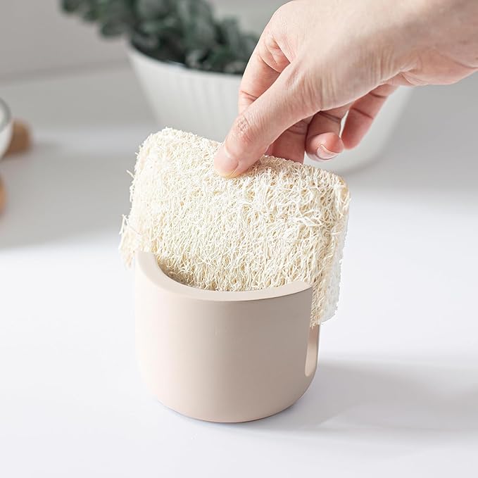 Kitchen Sponge Holder for Sink, Diatomite Standing Dish Sponge Holder Cup, Ceramic Fast Drying Stone Sink Caddy Kitchen Sink Organizer for Kitchen Counter Dish Small Sink Caddy, Beige