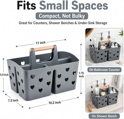 NINU Gray Portable Shower Caddy with Wooden Handle, Large Plastic Shower Basket Tote with 3 Compartments & Drain Holes, Bathroom Organizer for College Dorm, Gym, Camping, Vanity