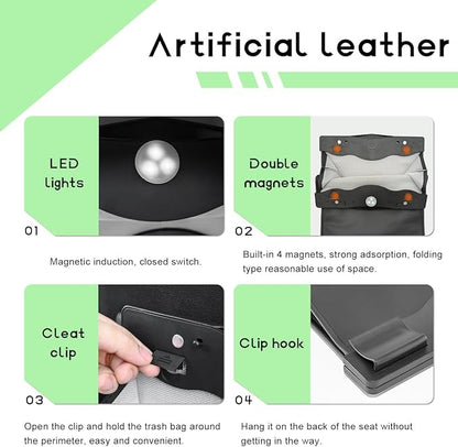 Smart LED Car Trash Can, Magnetic Leather Passenger Side Storage Pocket with Disposable Rubbish Bags, Waterproof Garbage Bag Multipurpose Hanging Container for Back Seat (Black)