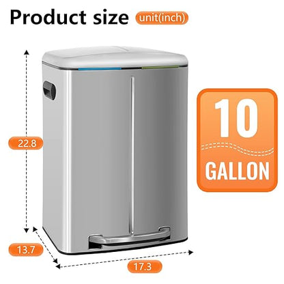 PayLessHere Dual Compartment Trash Can with Lid Removable Inner Bucket Foot Pedal Soft Close for Office Home Kitchen Garbage Can Trash Bin (Stainless Steel, 10 G)