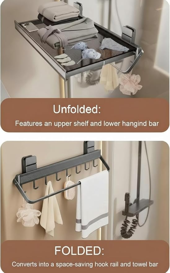 Retractable Wall Mounted Bathroom Clothes Rack with Foldable Towel Bar,6 Movable Hooks and Underwear Drying Net,Space Saving Organizer (Gray)