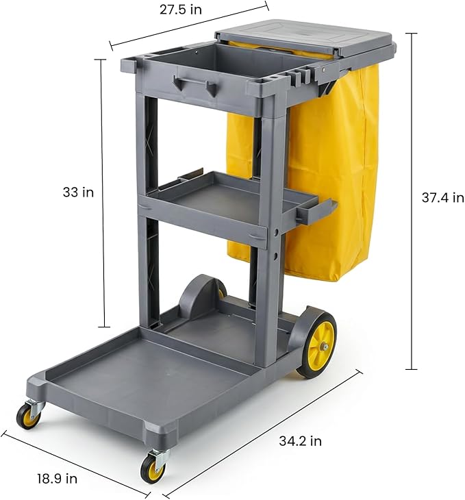 Janitorial Cleaning Carts on Wheels with 3 Shelves, Cleaning Cart for Housekeeping on Wheels, Utility Rolling Carts with 2 Vinyl Bags for Commercial&Industrial Services