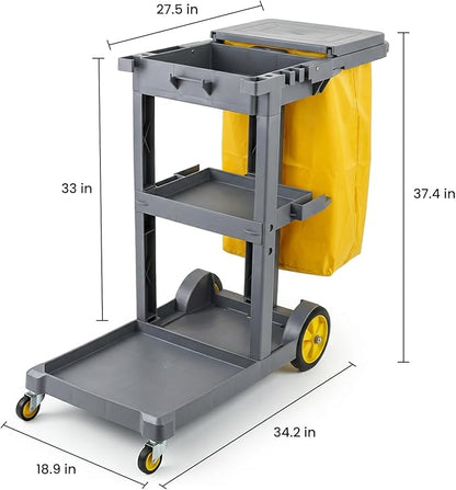 Janitorial Cleaning Carts on Wheels with 3 Shelves, Cleaning Cart for Housekeeping on Wheels, Utility Rolling Carts with 2 Vinyl Bags for Commercial&Industrial Services