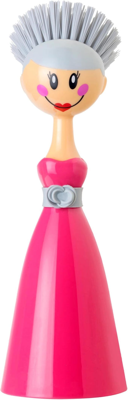 Vigar Dolls Dish Brush with Handle and Holder - Dish Scrubber Brush for Dishes and Pans, Kitchen Scrub Brush, Dishwashing Brush for Kitchen Sink Cleaning, Cute Standing Dish Brush Design - Pink, Gray