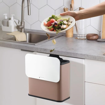 GarveeHome 1.3 gal/5L Countertop Compost Bin with Lid, Hanging Small Trash Can with Odor Control Charcoal Filter ＆ Bucket Under Sink for Kitchen, Hanging/Wall Mounted/Standing Food Waste Bin, Brown