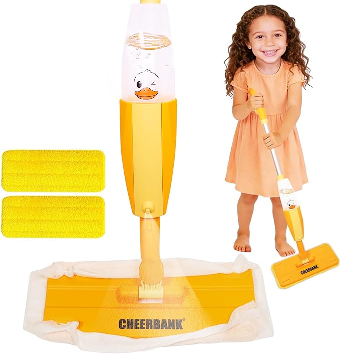 Toddlers Spray Mop (Real Works), No Batteries, Endless Fun| Kids Cleaning Set, Mini Mop for Age 2-5 Year| Montessori Toy Gifts for Baby Boys Girls, Fine Motor Skill (2 Washable Pads)