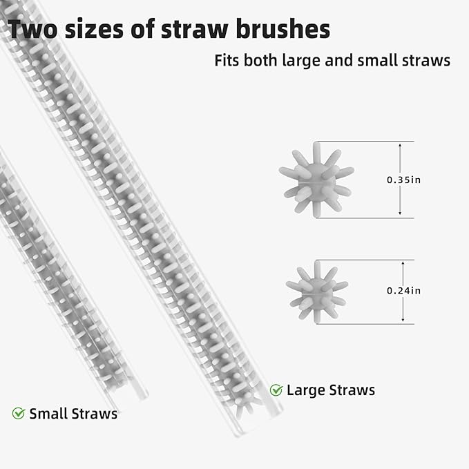 Silicone Straw Cleaner Brush, 4Pcs Reusable Straw Brush Set with Extra-Long Design for Cleaning Thin Metal Straws and Wider Milkshake Straws （6mm+9mm Gray)
