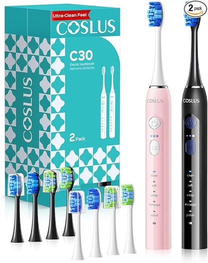 COSLUS C30 Electric Toothbrush for Adults & Kids: 3 Intensities & 5 Modes for Effective Yet Gentle Ultra-Clean Feel, 2 Types of Heads for Gentle & Daily Care, Travel Home Use, Black & Pink, 2PCS
