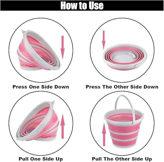 GLSOWEE Car Collapsible Bucket, 10L 2.6 Gallon Folding Bucket Auto Cleaning Plastic Water Bucket, Foldable Portable Bucket Space Saving for Indoor Outdoor Car Wash Garden Camping (Pink)
