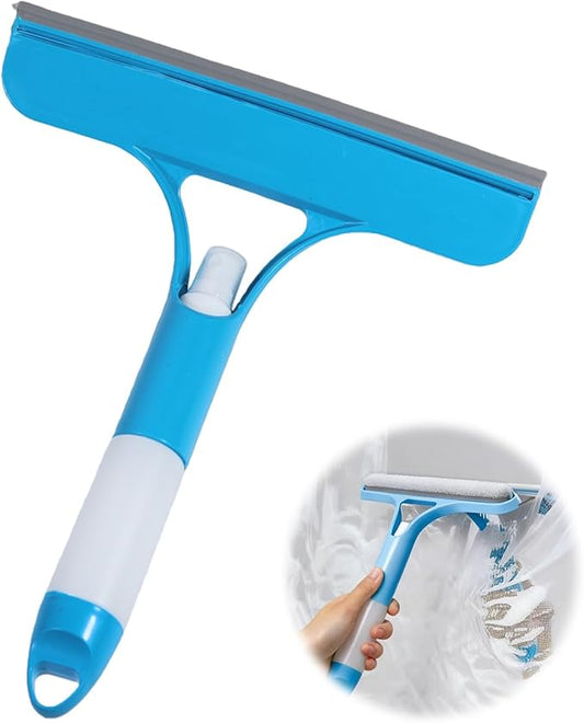 3 in 1 Window Cleaning Scraper with Sprayer, All-Purpose Squeegee for Shower Glass, Car Windows, Mirrors & Home, Window Cleaner Tool with Built-in Spray Bottle (Blue)
