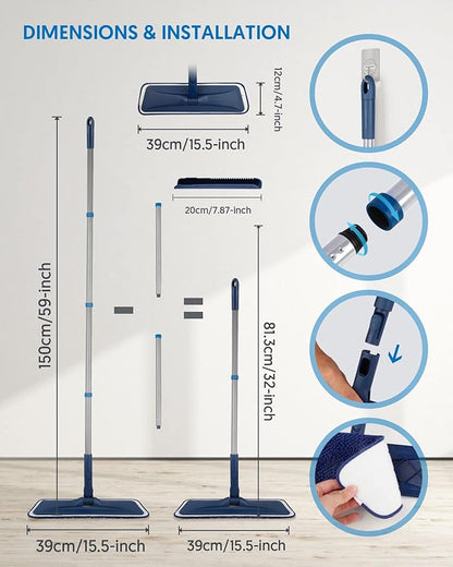 BPAWA Microfiber Mops for Floor Cleaning - Flat Floor Mop with 4 Washable Chenille Pads Dry Dust for Hardwood Laminate Wood Tile Vinyl Wall Hard Surfaces - 150cm Adjustable Long Handle