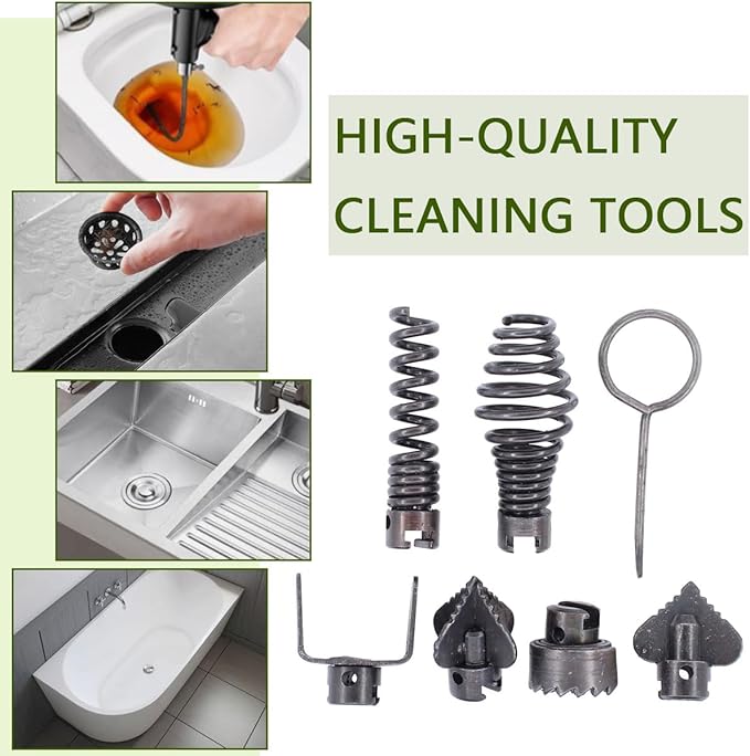 Drain Cleaner Combination Cutterhead Set, 7-Piece Drain Cleaner Spring Loaded Auto Locking Drain Dredge Cutterhead Set for Dredging Pipes Dredger (Gray)