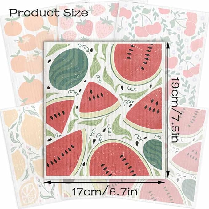 Swedish Dishcloths for Kitchen – 6 Pack Cellulose Reusable Cleaning Paper Towels – Soft, Quick-Drying, Washable Dish Rags for Kitchen, Counters & More (Fruit)
