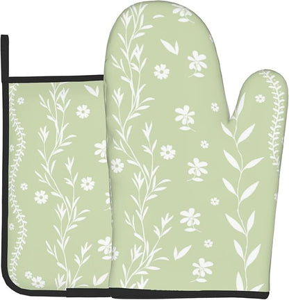 Sage Green Oven Mitt Pot Holder Set Floral BBQ Cooking Gloves Farmhouse Botanical Baking Grilling Kitchen Gifts for Spring Summer