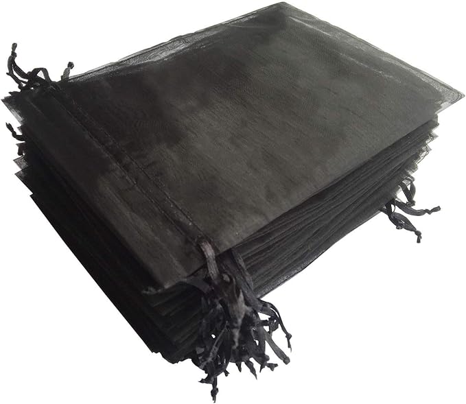 100 Pcs Per Pack 5x7 Gifts Wrap Bags Black, Organza Sheer Fabric, Drawstring Transparent Mesh Bags for Baby Shower Favor,Anniversary,Dried Lavender Flowers,Confetti,Women Lipstick,Halloween,Travel