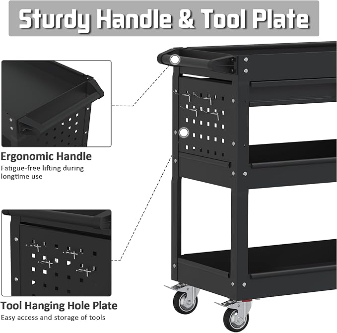 3 Tier Rolling Tool Cart with Drawers, 400 LBS Capacity Mechanic Tool Cart on Wheels, Heavy Duty Utility Cart with Pegboard, Metal Work Cart for Garage and Repair Shop, Matte Black