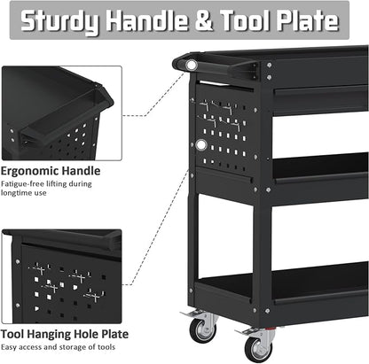 3 Tier Rolling Tool Cart with Drawers, 400 LBS Capacity Mechanic Tool Cart on Wheels, Heavy Duty Utility Cart with Pegboard, Metal Work Cart for Garage and Repair Shop, Matte Black