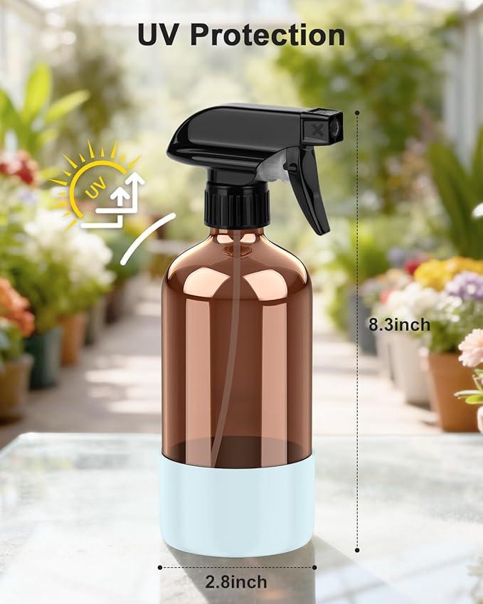 Bontip Amber Glass Spray Bottle with Silicone Sleeve Protection, 16 oz Refillable Spray Bottles for Cleaning Solutions, Plants, Aromatherapy, Facial Hydration (1, Blue, 16 oz)