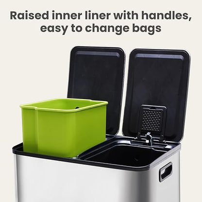 2×8 Gallon Kitchen Trash Can with Lid - Large Stainless Steel Garbage Can with Soft-Close Foot Pedal and Removable & Compartment PlasticInner Bucke, Trash Bin for Home, Bedroom, Office